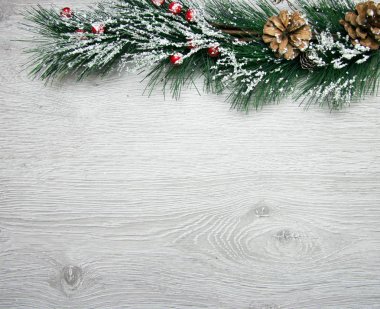 Noel ve yeni yıl kompozisyon. Çam kozalakları, çam dalları ahşap beyaz zemin üzerine