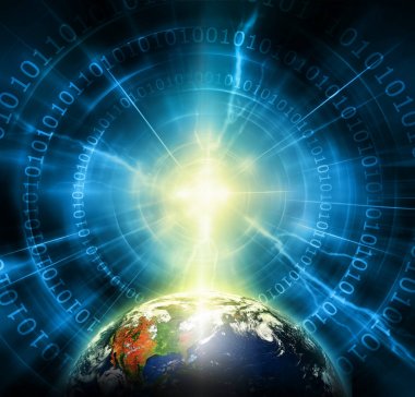 Dünyadan Uzaya. Kavram serisinden küresel iş dünyasının en iyi internet kavramı. Bu görüntünün elementleri NASA tarafından döşenmiştir. 3B illüstrasyon