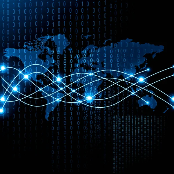 Mapa světa na technologické zázemí, zářící linky symboly z Internetu, rozhlasu, televize, mobilní a satelitní komunikace. — Stock fotografie