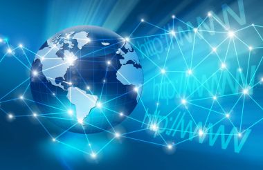 Global iş dünyasının en iyi internet kavramı. Küre, teknolojik arka planda parlayan çizgiler. Wi-Fi, ışınlar, semboller İnternet, 3 boyutlu illüstrasyon