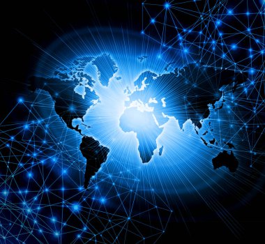 Dünya Haritası üzerinde teknolojik bir arka plan, parlak çizgiler semboller Internet, radyo, televizyon, telefon ve uydu iletişim.