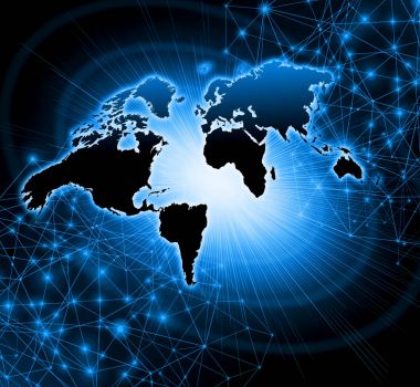 Dünya Haritası üzerinde teknolojik bir arka plan, parlak çizgiler semboller Internet, radyo, televizyon, telefon ve uydu iletişim.