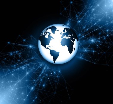 Global iş dünyasının en iyi internet kavramı. Küre, teknolojik arka planda parlayan çizgiler. Wi-Fi, ışınlar, semboller İnternet, 3 boyutlu illüstrasyon