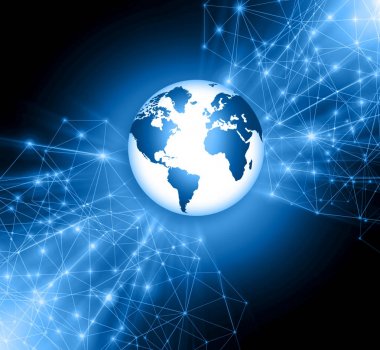 Global iş dünyasının en iyi internet kavramı. Küre, teknolojik arka planda parlayan çizgiler. Wi-Fi, ışınlar, semboller İnternet, 3 boyutlu illüstrasyon