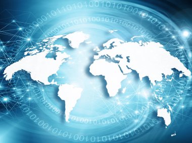 Dünya Haritası üzerinde teknolojik bir arka plan, parlak çizgiler semboller Internet, radyo, televizyon, telefon ve uydu iletişim.