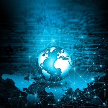 Global iş dünyasının en iyi internet kavramı. Küre, teknolojik arka planda parlayan çizgiler. Wi-Fi, ışınlar, semboller İnternet, 3 boyutlu illüstrasyon