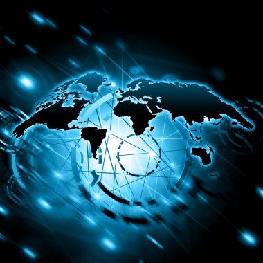 Dünya Haritası üzerinde teknolojik bir arka plan, parlak çizgiler semboller Internet, radyo, televizyon, telefon ve uydu iletişim.