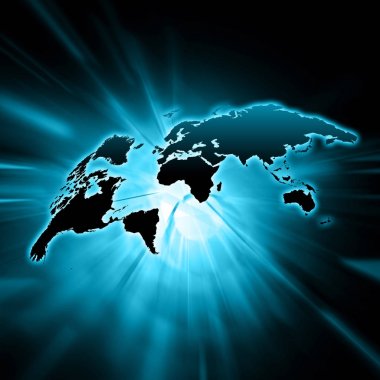 Dünya Haritası üzerinde teknolojik bir arka plan, parlak çizgiler semboller Internet, radyo, televizyon, telefon ve uydu iletişim.