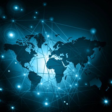 Dünya Haritası üzerinde teknolojik bir arka plan, parlak çizgiler semboller Internet, radyo, televizyon, telefon ve uydu iletişim.