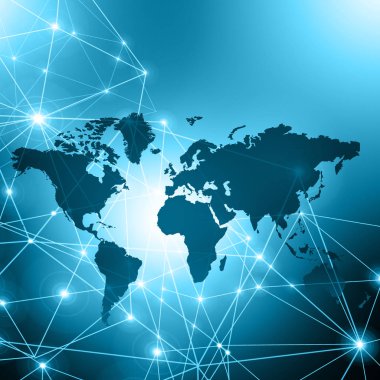 Dünya Haritası üzerinde teknolojik bir arka plan, parlak çizgiler semboller Internet, radyo, televizyon, telefon ve uydu iletişim.