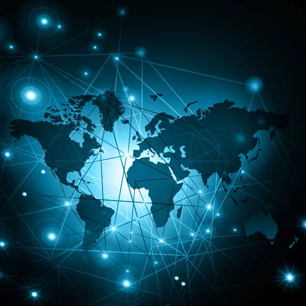 Mapa del mundo sobre un fondo tecnológico, líneas luminosas símbolos de Internet, radio, televisión, comunicaciones móviles y por satélite . — Foto de Stock