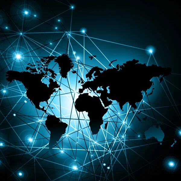 Mapa do mundo sobre um fundo tecnológico, linhas brilhantes símbolos da Internet, rádio, televisão, comunicações móveis e por satélite . — Fotografia de Stock