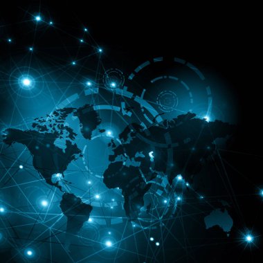 Dünya Haritası üzerinde teknolojik bir arka plan, parlak çizgiler semboller Internet, radyo, televizyon, telefon ve uydu iletişim.
