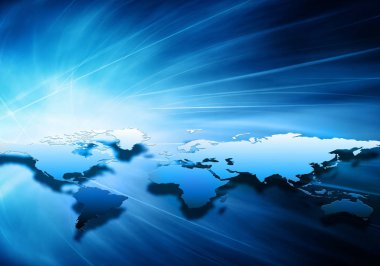 Dünya Haritası üzerinde teknolojik bir arka plan, parlak çizgiler semboller Internet, radyo, televizyon, telefon ve uydu iletişim.