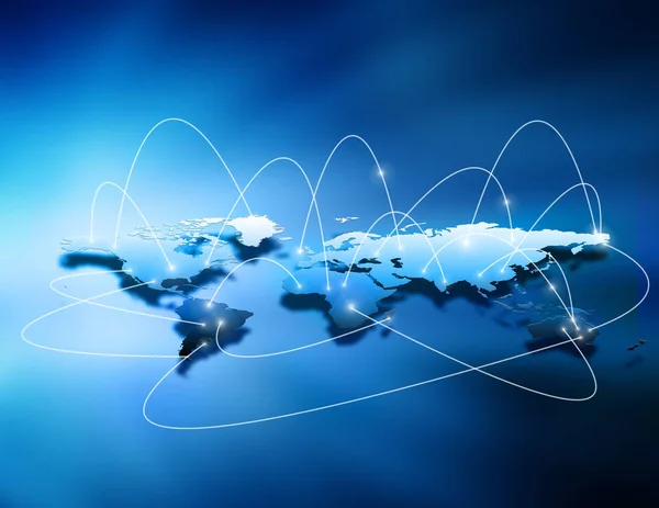 Mapa del mundo sobre un fondo tecnológico, líneas luminosas símbolos de Internet, radio, televisión, comunicaciones móviles y por satélite . —  Fotos de Stock