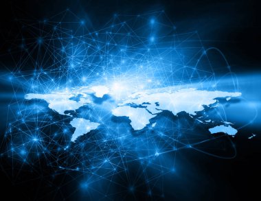 Dünya Haritası üzerinde teknolojik bir arka plan, parlak çizgiler semboller Internet, radyo, televizyon, telefon ve uydu iletişim.