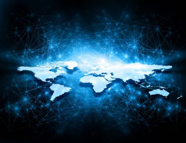 Dünya Haritası üzerinde teknolojik bir arka plan, parlak çizgiler semboller Internet, radyo, televizyon, telefon ve uydu iletişim.