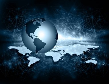 Global iş dünyasının en iyi internet kavramı. Küre, teknolojik arka planda parlayan çizgiler. Wi-Fi, ışınlar, semboller İnternet, 3 boyutlu illüstrasyon