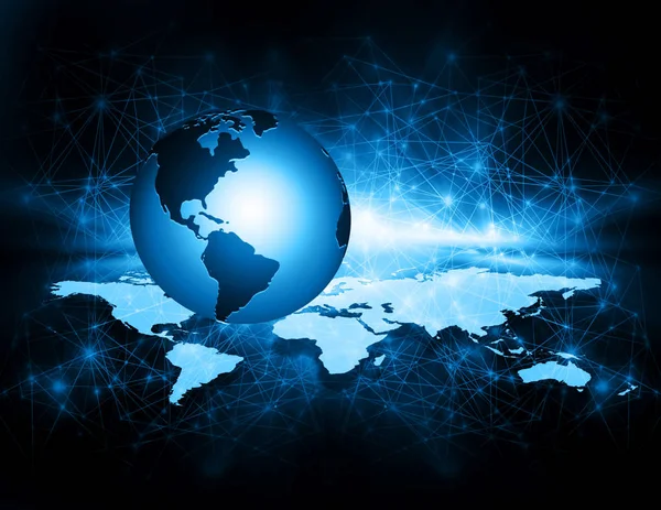 世界的なビジネスの最高のインターネットの概念。地球、技術的背景に輝くライン。Wi-Fi 、光線、シンボルインターネット、 3Dイラスト — ストック写真