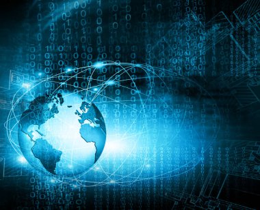 Global iş dünyasının en iyi internet kavramı. Küre, teknolojik arka planda parlayan çizgiler. Wi-Fi, ışınlar, semboller İnternet, 3 boyutlu illüstrasyon
