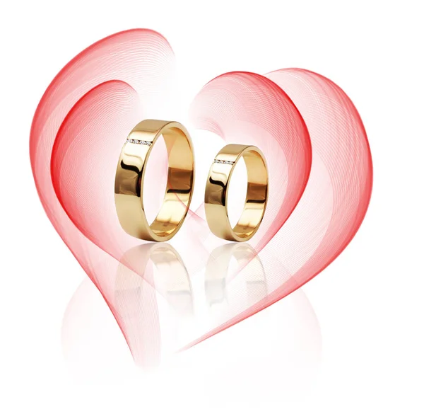 Diamond ring isolated on white background. Ring with three diamonds. Golden wedding rings. — Stock Photo, Image