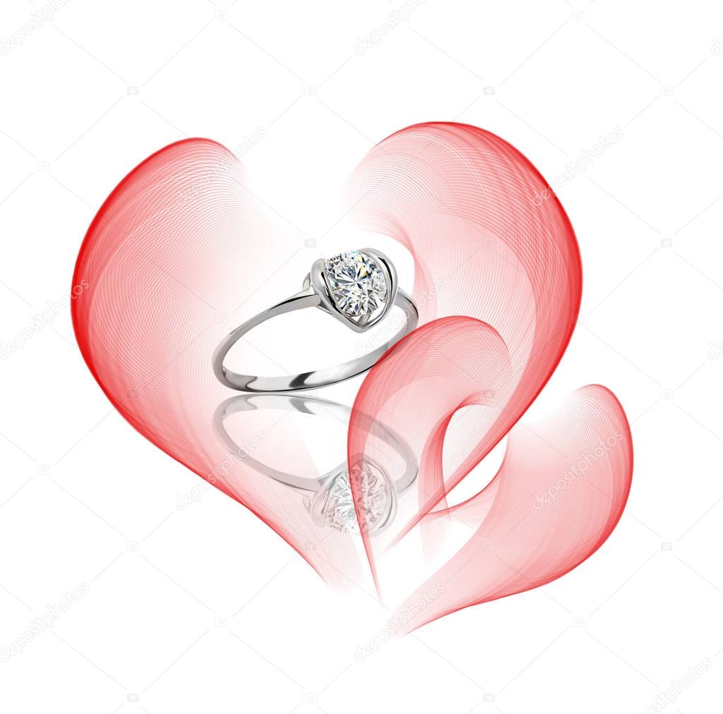 Diamond ring isolated on white background. Ring with three diamonds. Golden wedding rings.