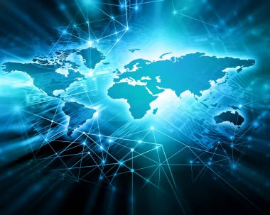 Dünya Haritası üzerinde teknolojik bir arka plan, parlak çizgiler semboller Internet, radyo, televizyon, telefon ve uydu iletişim.