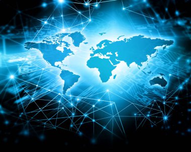 Dünya Haritası üzerinde teknolojik bir arka plan, parlak çizgiler semboller Internet, radyo, televizyon, telefon ve uydu iletişim.