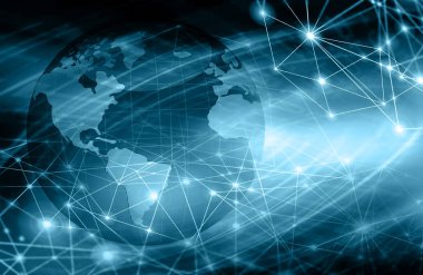 Global iş dünyasının en iyi internet kavramı. Küre, teknolojik arka planda parlayan çizgiler. Wi-Fi, ışınlar, semboller İnternet, 3 boyutlu illüstrasyon