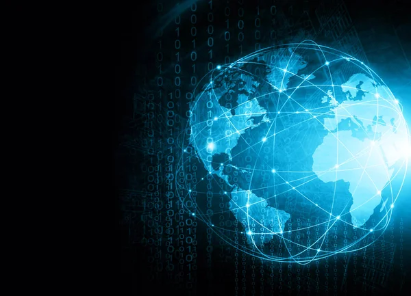 Global iş dünyasının en iyi internet kavramı. Küre, teknolojik arka planda parlayan çizgiler. Elektronik, Wi-Fi, ışınları, sembolleri İnternet, televizyon, mobil ve uydu iletişimi — Stok fotoğraf