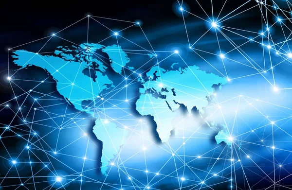 Mapa del mundo sobre un fondo tecnológico, líneas luminosas símbolos de Internet, radio, televisión, comunicaciones móviles y por satélite . — Foto de Stock