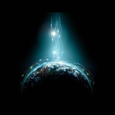 Dünyadan Uzaya. Kavram serisinden küresel iş dünyasının en iyi internet kavramı. Bu görüntünün elementleri NASA tarafından döşenmiştir. 3B illüstrasyon