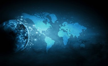 Dünyadan Uzaya. Kavram serisinden küresel iş dünyasının en iyi internet kavramı. Bu görüntünün elementleri NASA tarafından döşenmiştir. 3B illüstrasyon