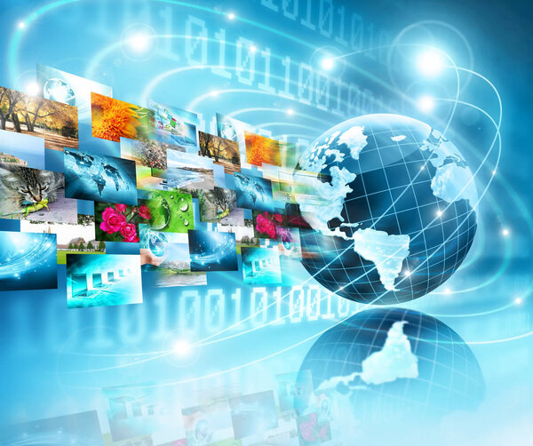 Лучший интернет-проект глобального бизнеса. Глобус, светящиеся линии на технологическом фоне. Wi-Fi, лучи, символы Интернет, 3D иллюстрация
