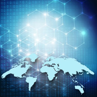 Dünya Haritası üzerinde teknolojik bir arka plan, parlak çizgiler semboller Internet, radyo, televizyon, telefon ve uydu iletişim.