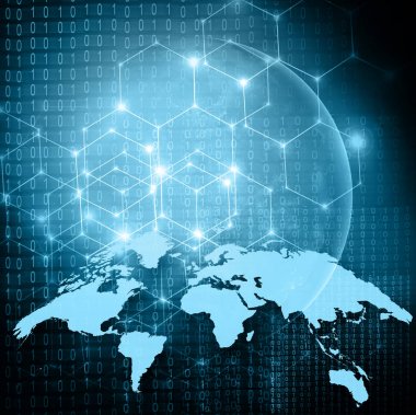 Dünya Haritası üzerinde teknolojik bir arka plan, parlak çizgiler semboller Internet, radyo, televizyon, telefon ve uydu iletişim.