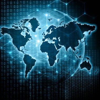 Dünya Haritası üzerinde teknolojik bir arka plan, parlak çizgiler semboller Internet, radyo, televizyon, telefon ve uydu iletişim.