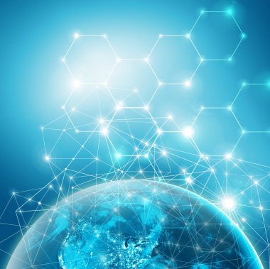 Dünyadan Uzaya. Kavram serisinden küresel iş dünyasının en iyi internet kavramı. Bu görüntünün elementleri NASA tarafından döşenmiştir. 3B illüstrasyon
