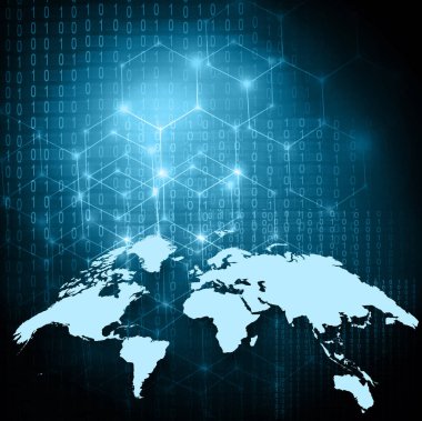 Dünya Haritası üzerinde teknolojik bir arka plan, parlak çizgiler semboller Internet, radyo, televizyon, telefon ve uydu iletişim.