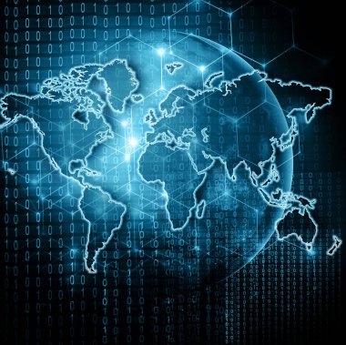 Dünya Haritası üzerinde teknolojik bir arka plan, parlak çizgiler semboller Internet, radyo, televizyon, telefon ve uydu iletişim.