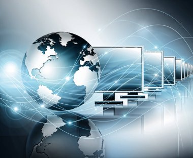 Global iş dünyasının en iyi internet kavramı. Küre, teknolojik arka planda parlayan çizgiler. Wi-Fi, ışınlar, semboller İnternet, 3 boyutlu illüstrasyon