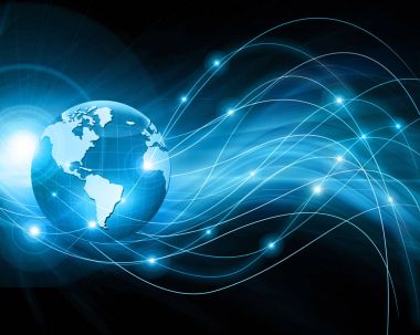 Global iş dünyasının en iyi internet kavramı. Küre, teknolojik arka planda parlayan çizgiler. Wi-Fi, ışınlar, semboller İnternet, 3 boyutlu illüstrasyon