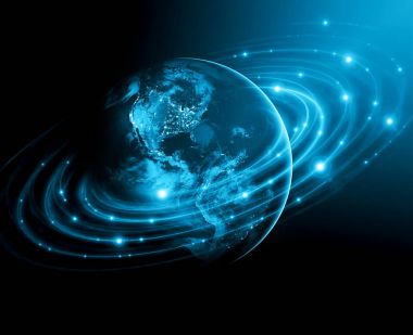 Dünyadan Uzaya. Kavram serisinden küresel iş dünyasının en iyi internet kavramı. Bu görüntünün elementleri NASA tarafından döşenmiştir. 3B illüstrasyon