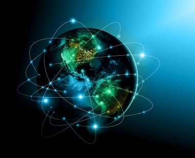 Dünyadan Uzaya. Kavram serisinden küresel iş dünyasının en iyi internet kavramı. Bu görüntünün elementleri NASA tarafından döşenmiştir. 3B illüstrasyon