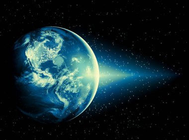 Dünyadan Uzaya. Kavram serisinden küresel iş dünyasının en iyi internet kavramı. Bu görüntünün elementleri NASA tarafından döşenmiştir. 3B illüstrasyon