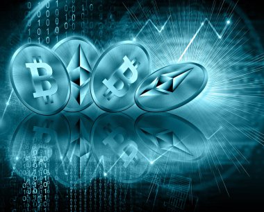Dijital para ethereum ve bitcoin, fütüristik dijital para, küresel iş kavramı Internet. Teknolojik arka plan