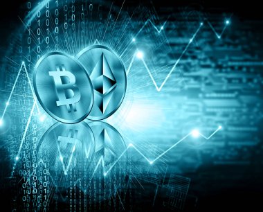 Dijital para ethereum ve bitcoin, fütüristik dijital para, küresel iş kavramı Internet. Teknolojik arka plan