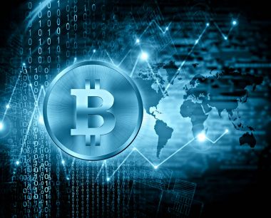 Dijital para bitcoin, fütüristik dijital para, küresel iş kavramı Internet. Teknolojik arka plan
