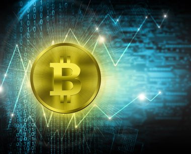 Dijital para bitcoin, fütüristik dijital para, küresel iş kavramı Internet. Teknolojik arka plan