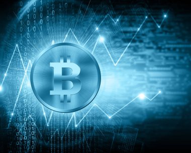 Dijital para bitcoin, fütüristik dijital para, küresel iş kavramı Internet. Teknolojik arka plan